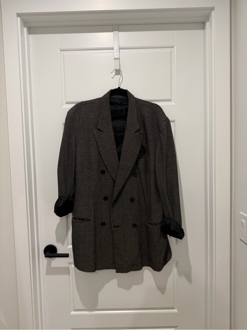 Vintage DKNY Men's Double-Breasted Herringbone Sport Coat in Charcoal